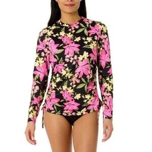 Hurley Ladies Long Sleeve Rash Guard Swim Top Black Pink Floral Small NWT